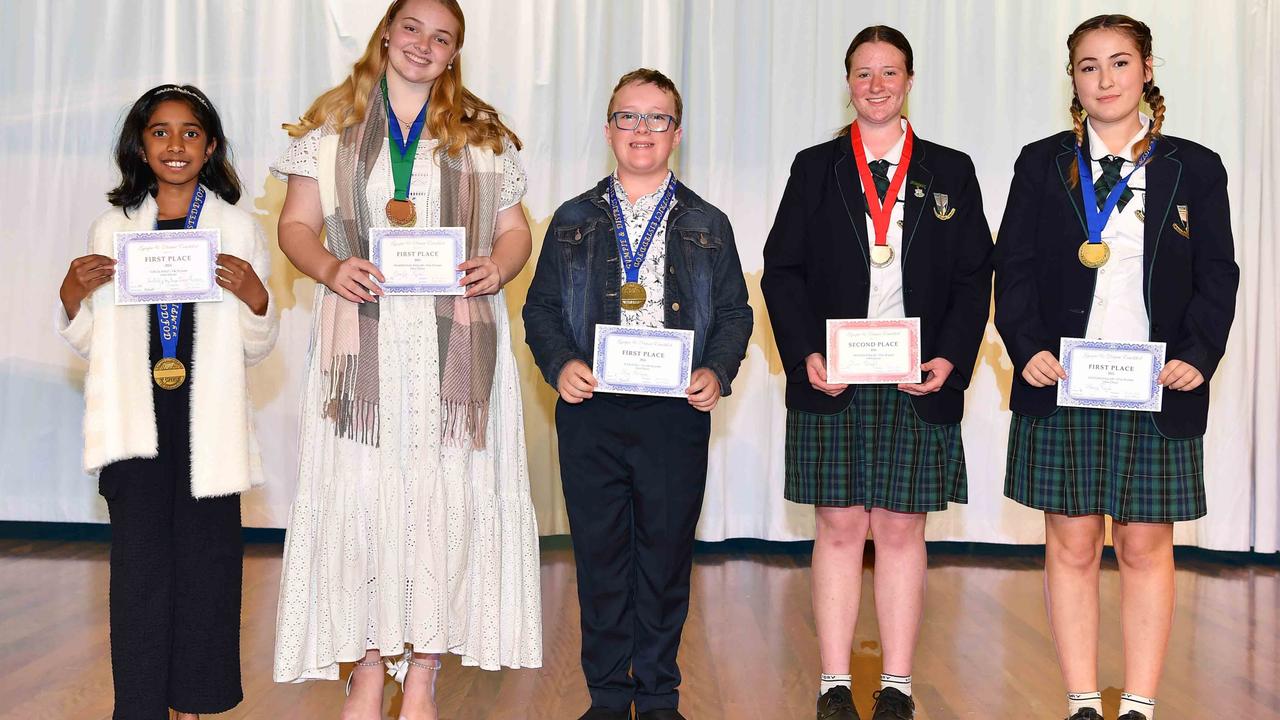 Enya Janarthanan, Jocelyn Taylor, Ethan Portman, Olivia Sindel and Abbey Rowe at the Gympie and District Eisteddfod. Picture: Patrick Woods.