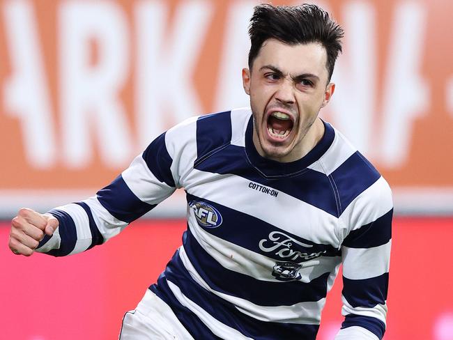 MELBOURNE, AUGUST 5, 2023: 2023 AFL Football - Round 21 - Geelong Cats V Port Adelaide Power at GMHBA Stadium. Brad Close of the Geelong Cats celebrates a goal. Picture: Mark Stewart