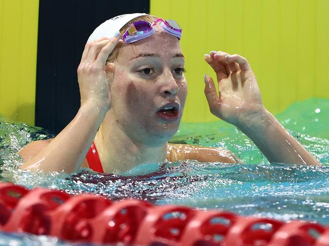 GOLD COAST, AUSTRALIA - APRIL 17: Mollie O'Callaghan celebrates winning the Women’s Open 100m Freestyle Final during the 2024 Australian Open Swimming Championships at Gold Coast Aquatic Centre on April 17, 2024 in Gold Coast, Australia. (Photo by Chris Hyde/Getty Images)