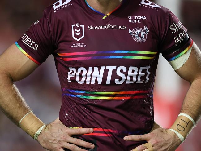 SYDNEY, AUSTRALIA - JULY 28:  The Manly Sea Eagles rainbow pride jersey is seen on a player during the round 20 NRL match between the Manly Sea Eagles and the Sydney Roosters at 4 Pines Park on July 28, 2022, in Sydney, Australia. (Photo by Cameron Spencer/Getty Images)