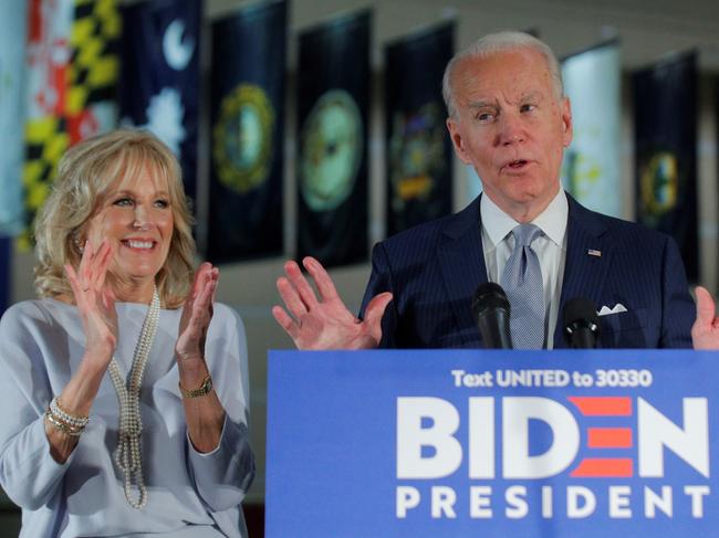 Dr Jill Biden and Joe Biden during a primary night speech at The National Constitution Center in Philadelphia, Pennsylvania, in March. Picture: REUTERS