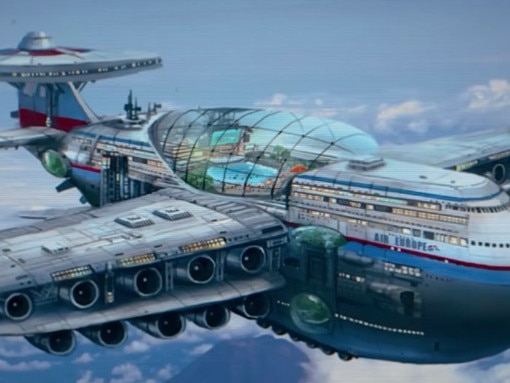 Inside giant flying luxury hotel that can stay in the air for years. Picture: YouTube/Hashem Al-Ghaili