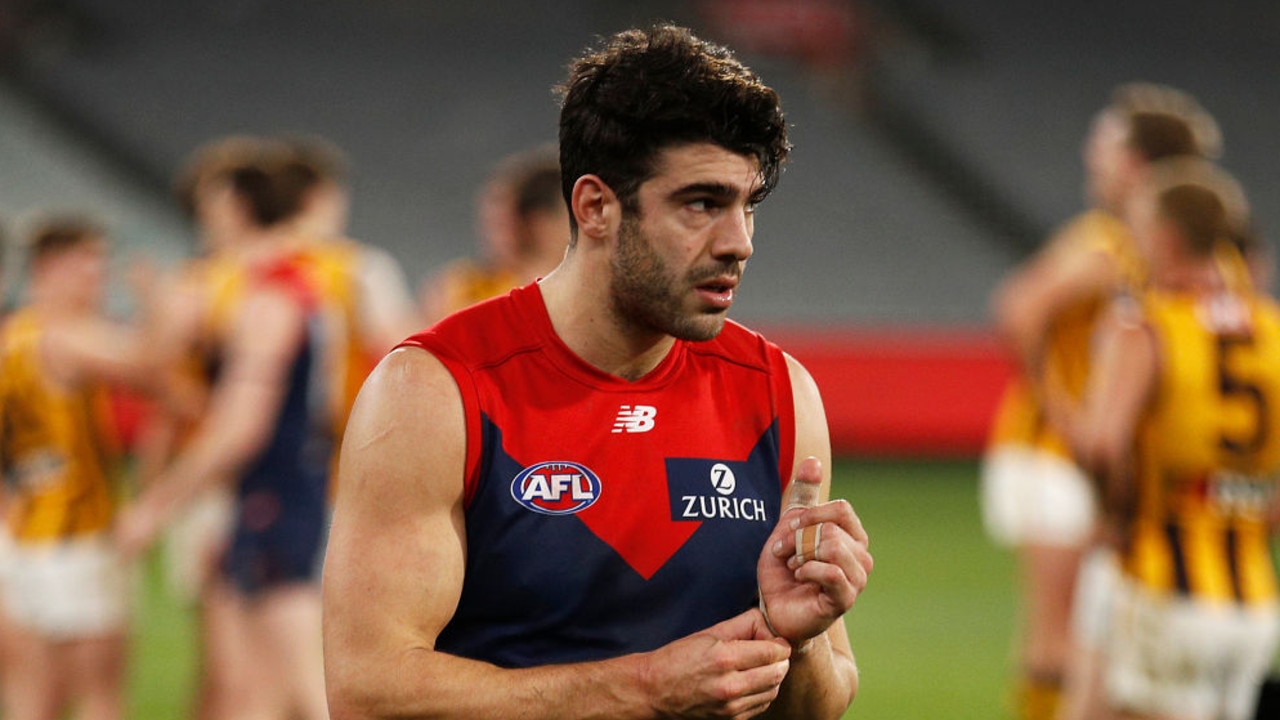 MELBOURNE, AUSTRALIA - JULY 17: Christian Petracca of the Demons looks dejected after the round 18 AFL match resulted in a draw between Melbourne Demons and Hawthorn Hawks at Melbourne Cricket Ground on July 17, 2021 in Melbourne, Australia. (Photo by Daniel Pockett/AFL Photos/via Getty Images)