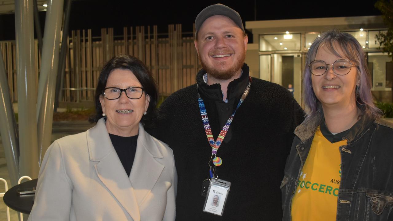 Marnie Doyle, Andrew Fechner and Andrea Baumert Howard watching the Matildas vs England semi-final clash in Ipswich. Photos by Georgie Walker.