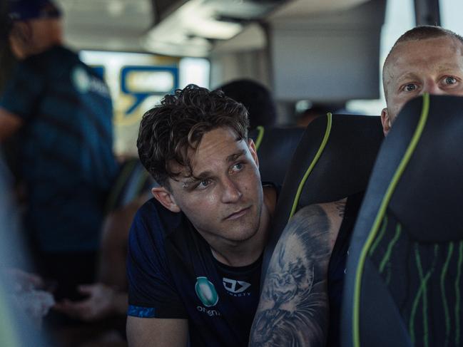 Halfback Luke Metcalf on the New Zealand Warriors' team bus in Las Vegas.