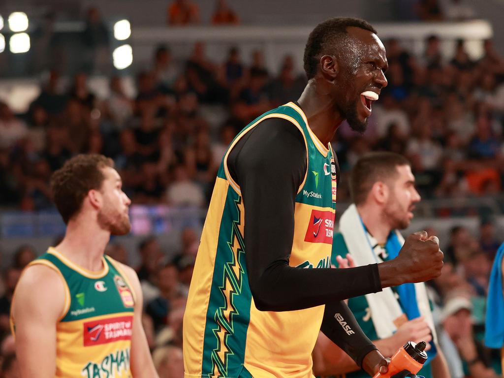 MELBOURNE, AUSTRALIA - MARCH 31: Majok Deng of the JackJumpers reacts during game five of the NBL Championship Grand Final Series between Melbourne United and Tasmania JackJumpers at John Cain Arena, on March 31, 2024, in Melbourne, Australia. (Photo by Kelly Defina/Getty Images)