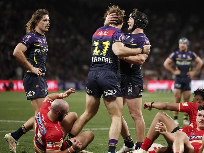 MELBOURNE, AUSTRALIA - AUGUST 24: Alec MacDonald of the Storm celebrates scoring a try during the round 25 NRL match between Melbourne Storm and Dolphins at AAMI Park, on August 24, 2024, in Melbourne, Australia. (Photo by Daniel Pockett/Getty Images)