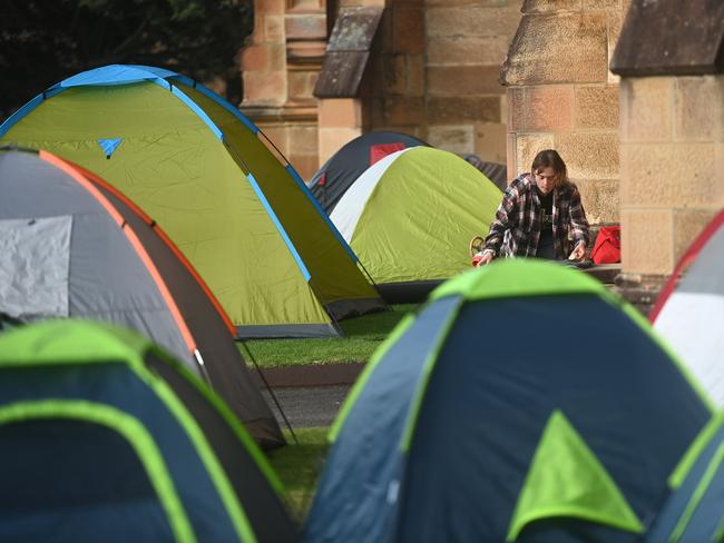 One week down, an unknown number to go – ‘Free Gaza’ protesters have no intention of taking down their tents at the University of Sydney. Picture: Jeremy Piper