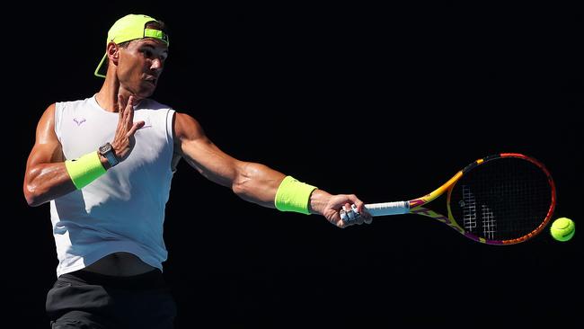 Rafael Nadal during a practice session at Melbourne Park on Saturday. Picture: Kelly Defina/Getty Images