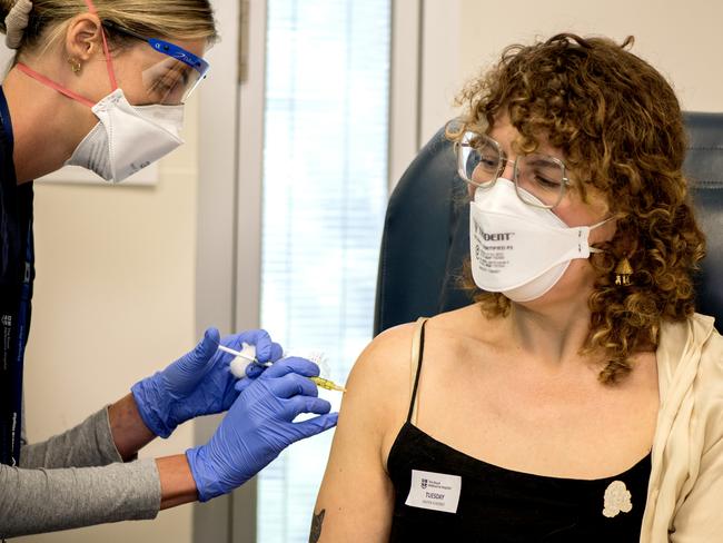 THE first doses of two Melbourne-made Covid vaccine candidates have been administered in a trial aiming to give the world improved protection against the illnessTrial nurse Hayley gives Jennifer a vaccinationPicture: Supplied