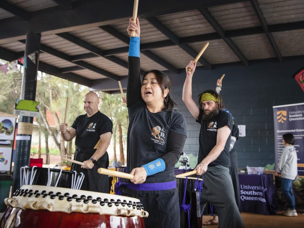 Mika Bowden (front) performs with Toowoomba Taiko at World Environment Day Toowoomba celebrations at wet weather venue Rangeville State School, Sunday, June 4, 2023. Picture: Kevin Farmer