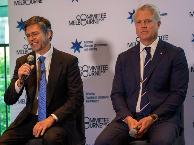 Mr Reece (left) and Mr Wood at the VCCI lord mayoral breakfast forum. Picture: Jessica Hooper