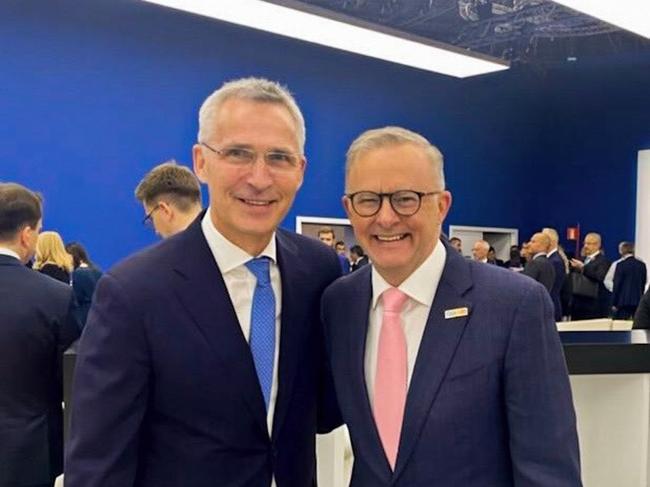 Jens Stoltenberg and Minister Anthony Albanese at the NATO Summit in Madrid. Picture: Twitter/@AlboMP