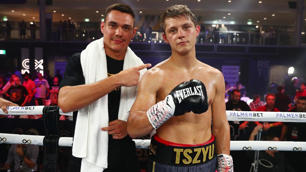 BRISBANE, AUSTRALIA - MARCH 03: Nikita Tszyu celebrates winning with his brother Tim Tszyu during the Super Welterweight bout between Nikita Tszyu and Aaron Stahl at Nissan Arena on March 03, 2022 in Brisbane, Australia. (Photo by Chris Hyde/Getty Images)