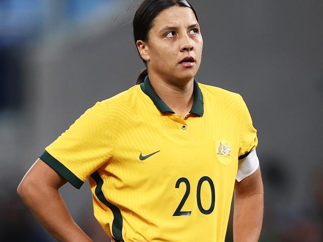 SYDNEY, AUSTRALIA - SEPTEMBER 06:  Sam Kerr of the Matildas looks on during the International Friendly Match between the Australia Matildas and Canada at Allianz Stadium on September 06, 2022 in Sydney, Australia. (Photo by Matt King/Getty Images)