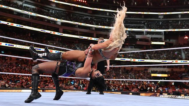 Rhea Ripley and Charlotte Flair at Wrestlemania. Picture: WWE