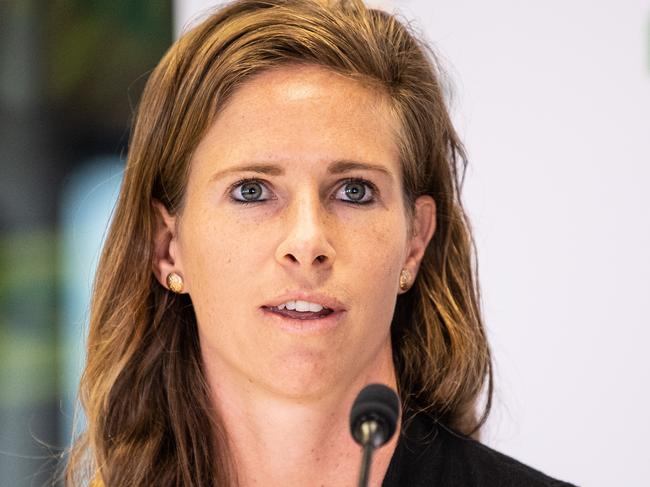 Matilda and PFA Executive Committee Member Elise Kellond-Knight during the announcement of a new Collective Bargaining Agreement (CBA) for the Australian Women's and Men's National Football Teams in Sydney, Wednesday, November 6, 2019. (AAP Image/James Gourley) NO ARCHIVING