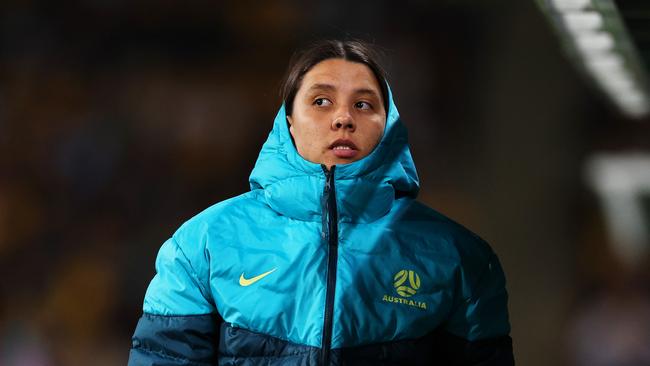 Sam Kerr has missed Australia’s opening two fixtures with a calf injury. Picture: Getty