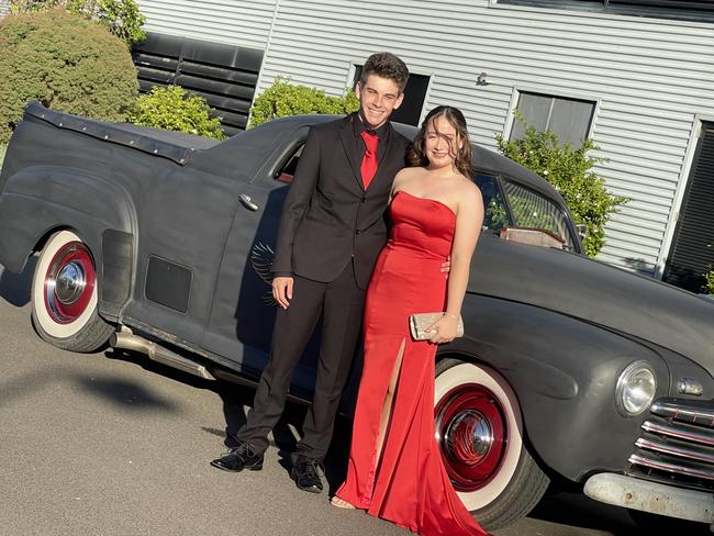 Abbie Dalton and Oliver Funnell arrive at the formal in a Ford ute.