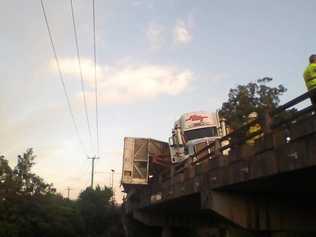 A semi trailer had collided with the guard rail of the Kynnumboon bridge. Picture: Gail Watson