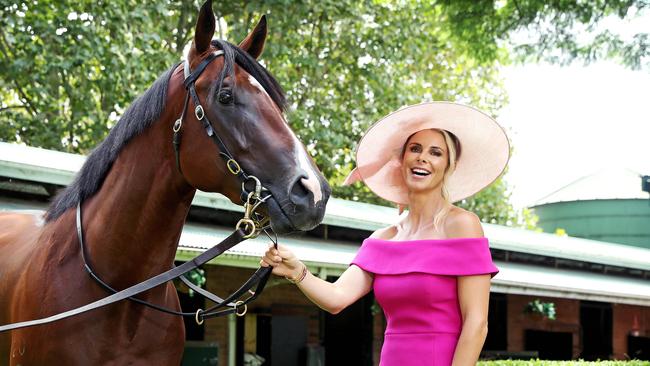 Candice Warner with racehorse Stay Inside at Rosehill Racecourse. Picture: Tim Hunter