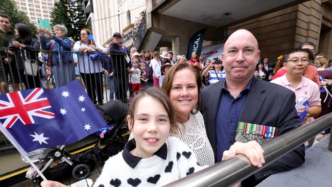 CAPT Leon Hockings partner Sarah Longshaw and daughter Hannah Hockings 9yrs from Mitchelton, during the ANZAC Day Parade, Brisbane City, - on 25th April  2025 - Photo Steve Pohlner