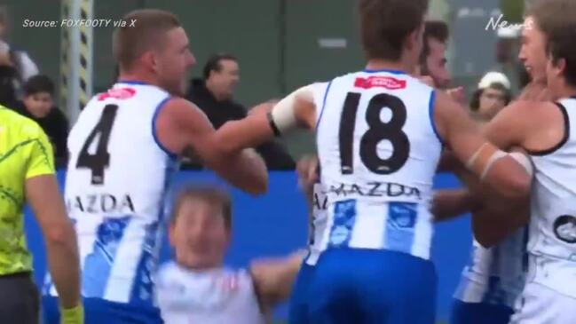 Ex-Kangaroo Jason Horne-Francis celebrates a goal against his old side