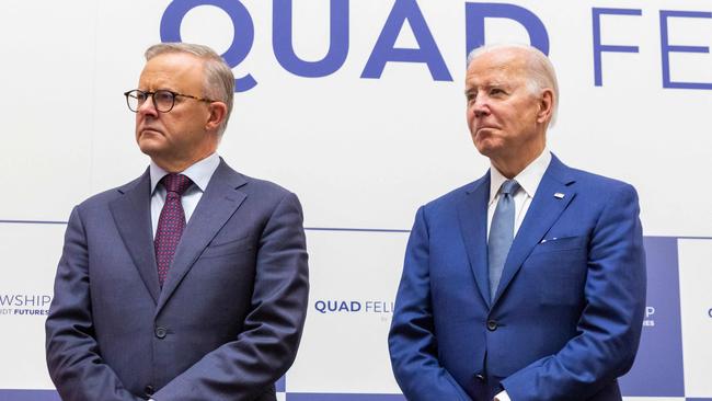 Australian Prime Minister Anthony Albanese (L) and US President Joe Biden attend the Japan-US-Australia-India Fellowship Founding Celebration event on May 24, 2022 on May 24, 2022. (Photo by Yuichi Yamazaki / POOL / AFP)