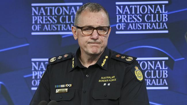 Outgoing Australian Border Force Commissioner Michael Outram addresses the National Press Club of Australia in Canberra. Picture: Martin Ollman/NewsWire