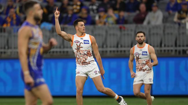 Jake Riccardi celebrates his first AFL goal. Picture: Getty Images