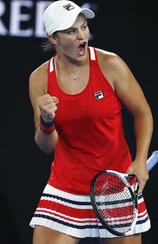 Ash Barty after breaking serve during her first-round triumph. Picture: Michael Klein