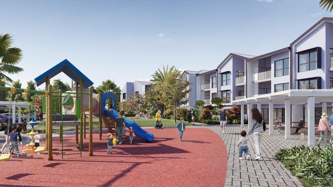 One and two-bedroom homes, set among landscaped gardens that feature playgrounds and picnic areas have been included in a vision for the Woree development. Picture: Supplied