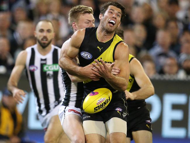 Alex Rance struggled against Jordan De Goey. Picture: Michael Klein