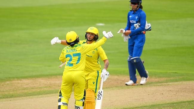 Alana King and Ash Gardner of Team Australia celebrate their side's victory