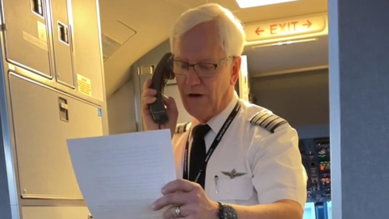 Longtime pilot Jeff Fell’s emotional speech on his final flight has gone viral. Picture: TikTok / @realjharrison