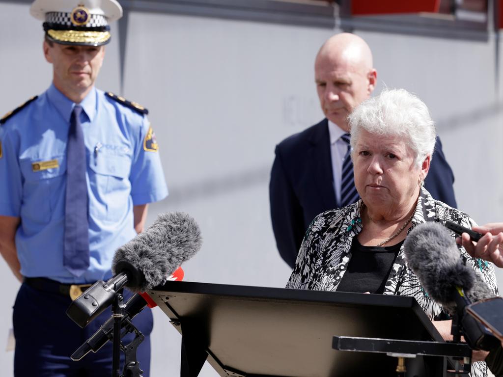 Mayor Annette Rockliff addresses the media at Devonport Police station.