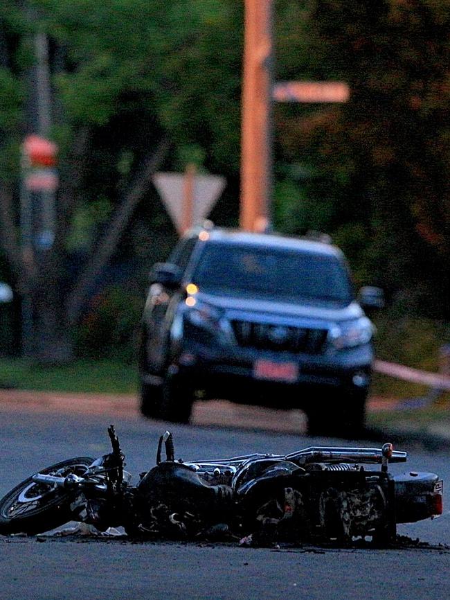 Mr Stevens’ motorcycle after the fatal incident that claimed his life. Picture: Mark Stewart