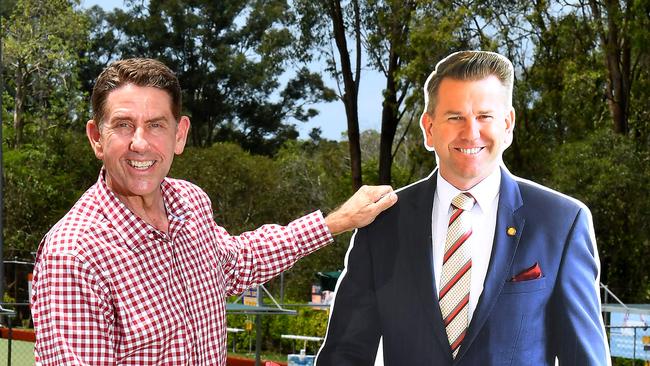 Cameron Dick with a cardboard cutout of Jarrod Bleijie. Picture, John Gass