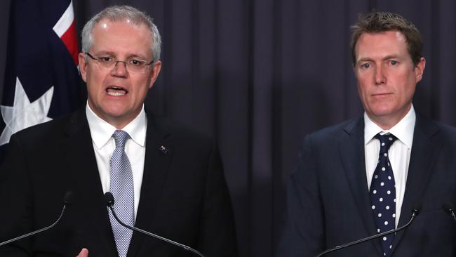 Scott Morrison with the Attorney-General Christian Porter announces new legislation on fruit sabotage. Picture: Kym Smith