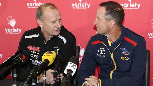 Ken Hinkley with former Crows coach Don Pyke. Picture: Sarah Reed