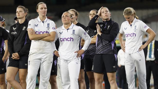 MELBOURNE, AUSTRALIA - FEBRUARY 01: England look dejected after day three of the Women's Ashes Test Match between Australia and England at Melbourne Cricket Ground on February 01, 2025 in Melbourne, Australia. (Photo by Daniel Pockett/Getty Images)