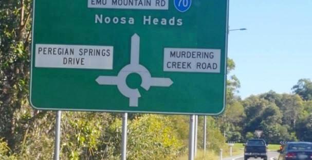 The turn off to Murdering Creek Road is clearly marked on the Sunshine Motorway. Picture: Jenni Lowe