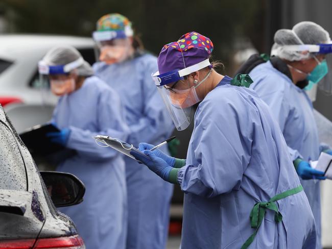 A large line up of cars were at the Melton COVID-19 testing site as Melbourne approaches a lockdown from another breakout. Thursday, May 27, 2021. Picture: David Crosling