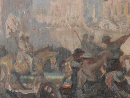 Harold Septimus Power – War (the finished work is signed 1923) .Two panels joined by a painting of biplanes in flight over a sketch of the ornate lintel of a doorway. The panel on the left represents military operations on the Western Front, showing the ruins of the famous Cloth Hall at Ypres, and the panel on the right represents detail of the war in Palestine, showing lighthorsemen and soldiers on camels.Oil on canvas mounted on board.