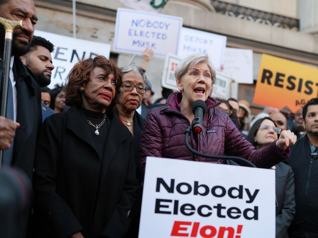 Elizabeth Warren and Maxine Waters during the We Choose To Fight: Nobody Elected Elon rally on February 4. Picture: Jemal Countess/Getty Images for MoveOn