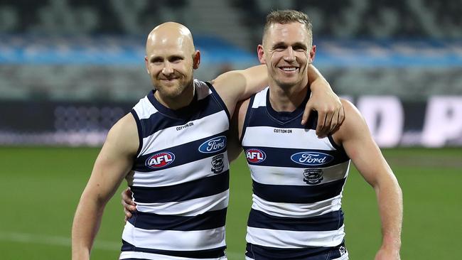 Gary Ablett Jnr and Joel Selwood after playing their 350th and 300th games. Picture: Graham Denholm/AFL Photos via Getty Images