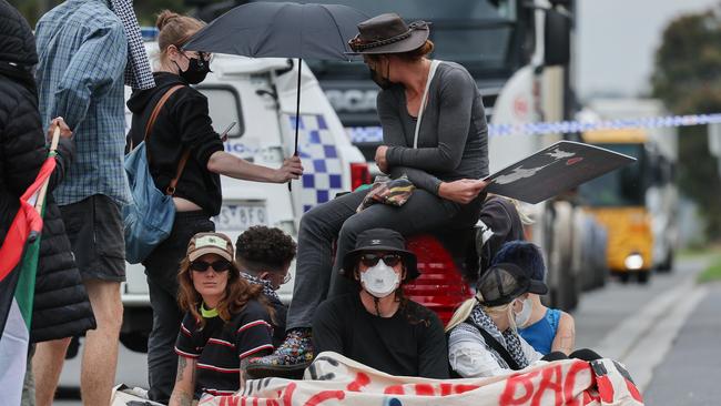 Free Palestine, Anti Israel Protesters block Todd road from both ends. Todd road houses several businesses including Boeing Aerostructures Australia. Picture: Jason Edwards