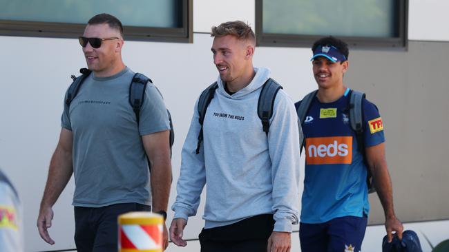 Shannon Boyd and Bryce Cartwright of the Titans arrive at the Titans High Performance Centre on May 04, 2020 in Gold Coast, Australia. NRL Players are gathering for team meeting ahead of a return to training in the lead up to the NRL's return to play date of May 28th. (Photo by Chris Hyde/Getty Images)