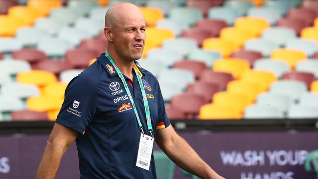 BRISBANE, AUSTRALIA - JUNE 28: Adelaide coach Matthew Nicks looks on during the round 4 AFL match between the Brisbane Lions and the Adelaide Crows at The Gabba on June 28, 2020 in Brisbane, Australia. (Photo by Jono Searle/AFL Photos/via Getty Images )