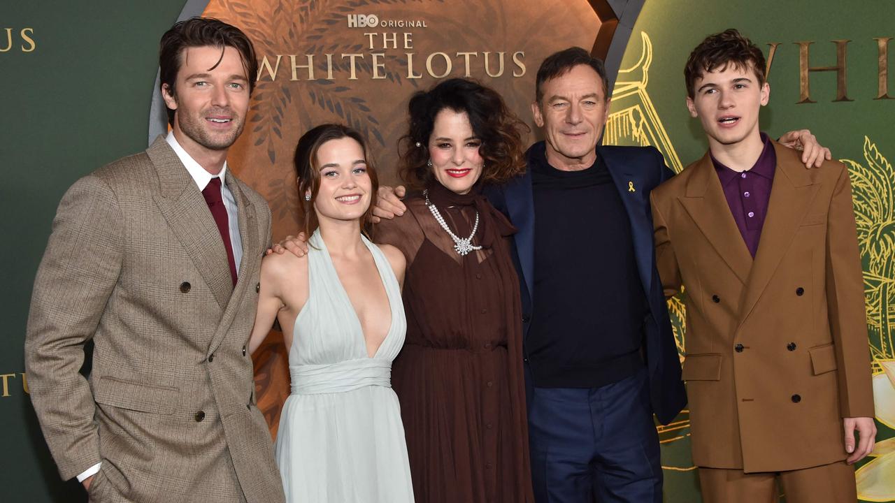 Schwarzenegger (left) and Nivola (right) with their on-screen family Sarah Catherine Hook, Parker Posey and Jason Isaacs at the LA premiere on February 10. Picture: Chris DELMAS / AFP